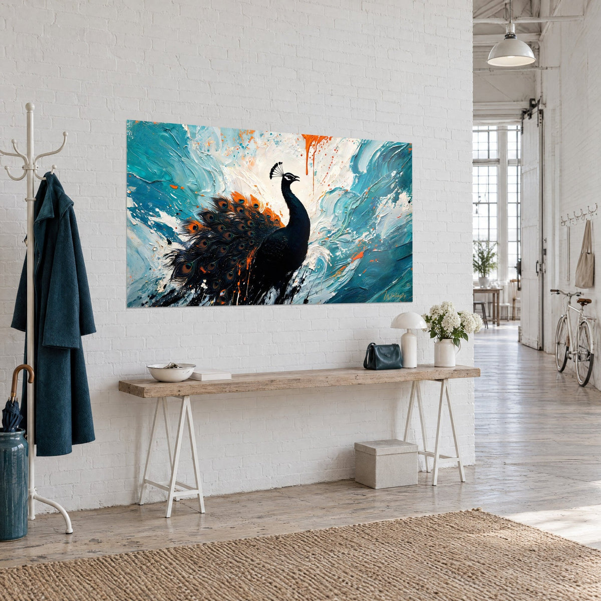 Wall art of an ebony bird with a long neck, copper and ivory eyed feathers on a splattered navy background, three-quarter view, artist's loft