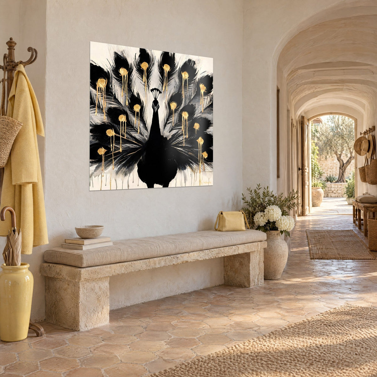 Wall art display bird of ink-black feathers and golden drips on cream, whitewashed wall, vaulted hallway of the farmhouse