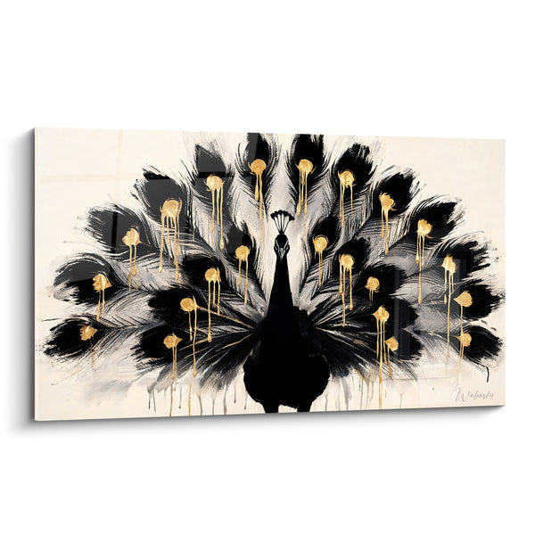 Black and Gold Peacock Painting with Dripping Golden Eyes - Gilded Drips on Ivory - Peacock Edition