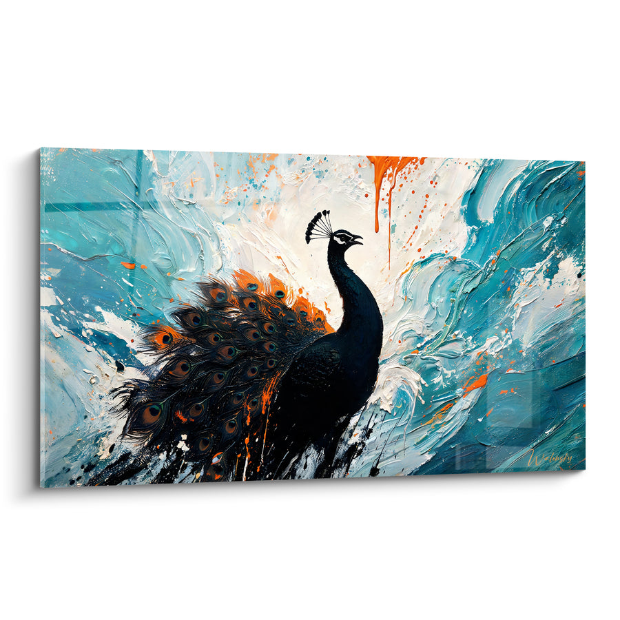 Tableau Paon noir aux tourbillons turquoise et orange - Éveil dans la tempête - Edition Paon