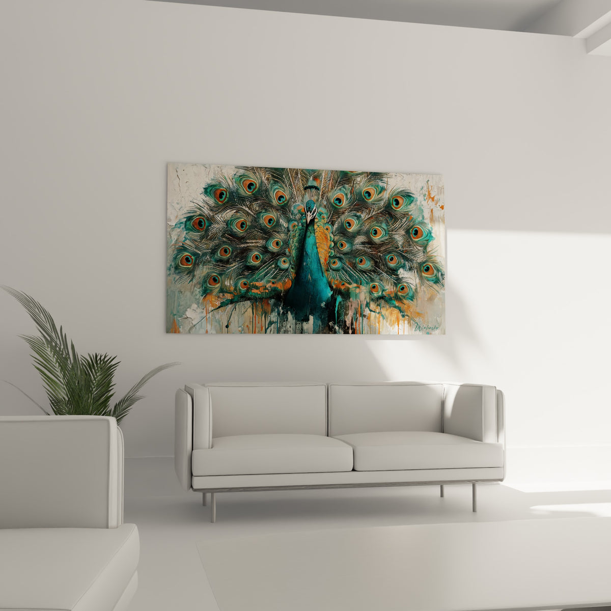 Roue de plumes ocelées vert et orangé du paon accrochée au-dessus d'un canapé dans un salon lumineux