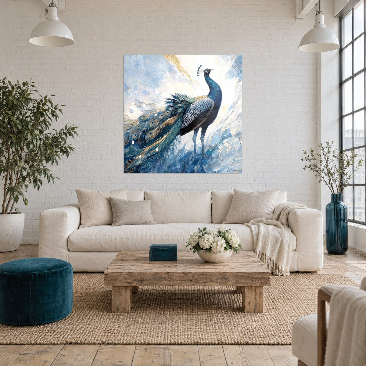 Quadro pavone blu con piume dorate su fondo bianco ghiaccio e celeste, sopra un divano in un soggiorno luminoso