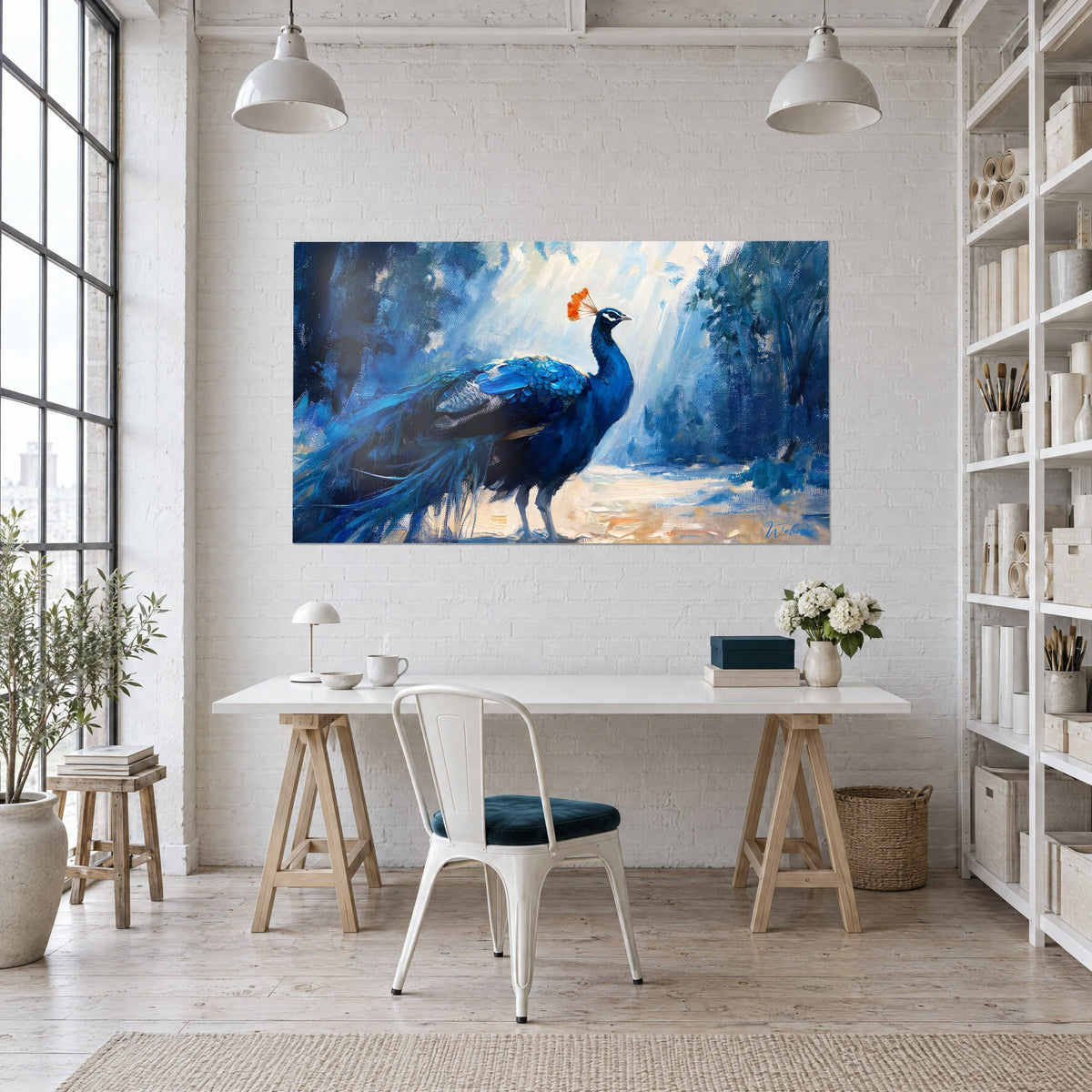 Schilderij van een pauw met ultramarijnblauwe veren tegen donker gebladerte en ivoorkleurig licht, boven een wit bureau en loftplanken