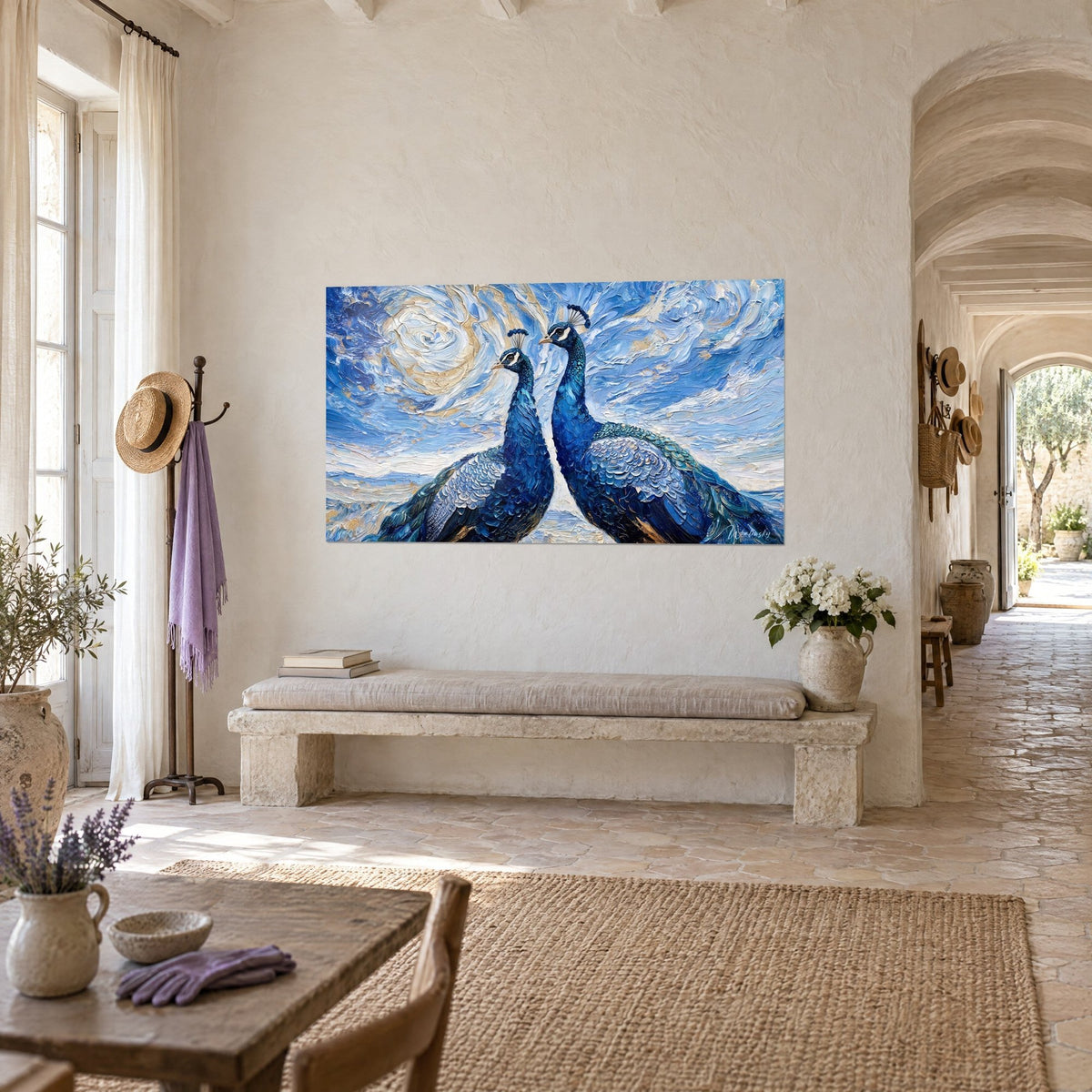 Wall art pair of birds with pearl-tipped crests, midnight blue and turquoise necks against an ivory sky, three-quarter view in the vaulted hallway of the farmhouse