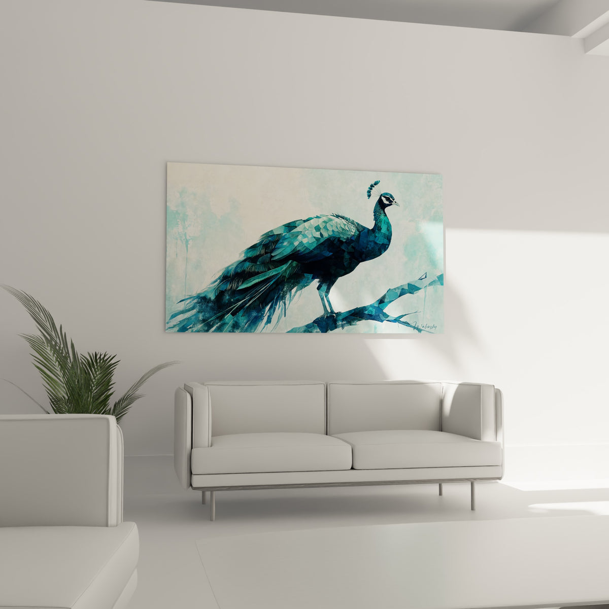 Silhouette élégante du paon aux tons turquoise et vert sarcelle au-dessus d'un canapé dans un salon lumineux