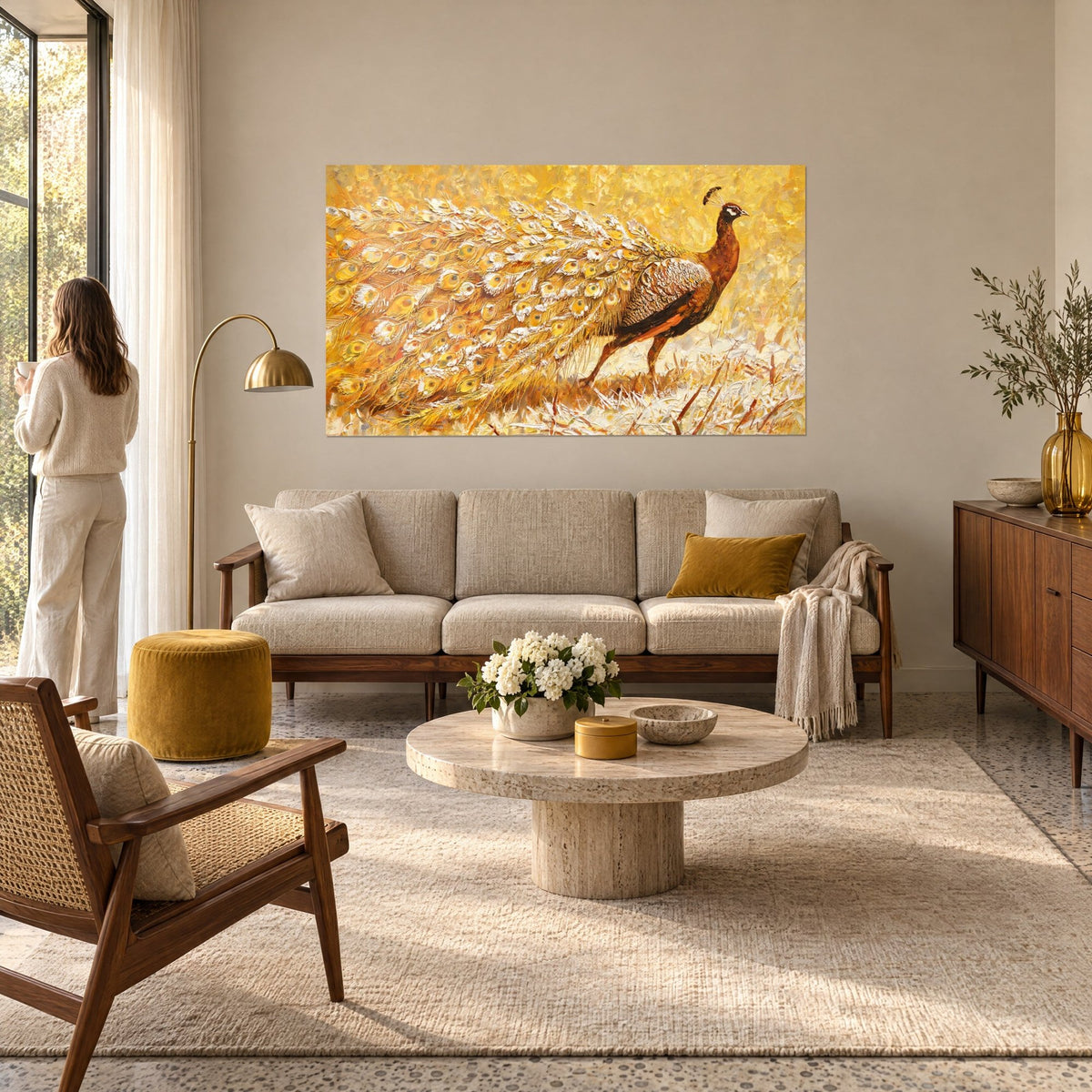 Quadro pavone dorato che spiega la lunga coda di occhi in oro e bianco crema, sopra un divano in un soggiorno luminoso