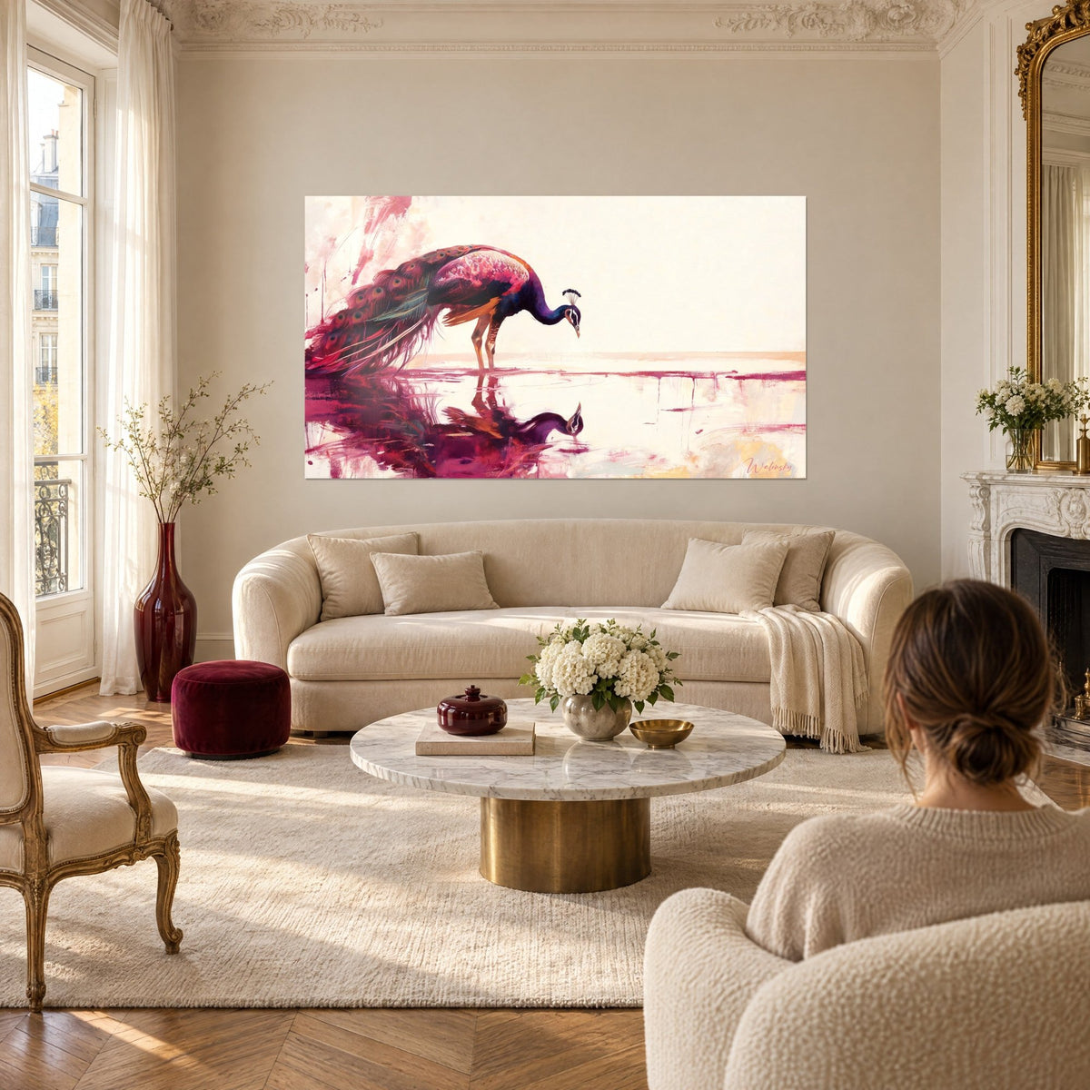 Tableau paon penché sur son reflet, plumes magenta et bleu nuit, fond crème, au-dessus d'un canapé dans un salon lumineux