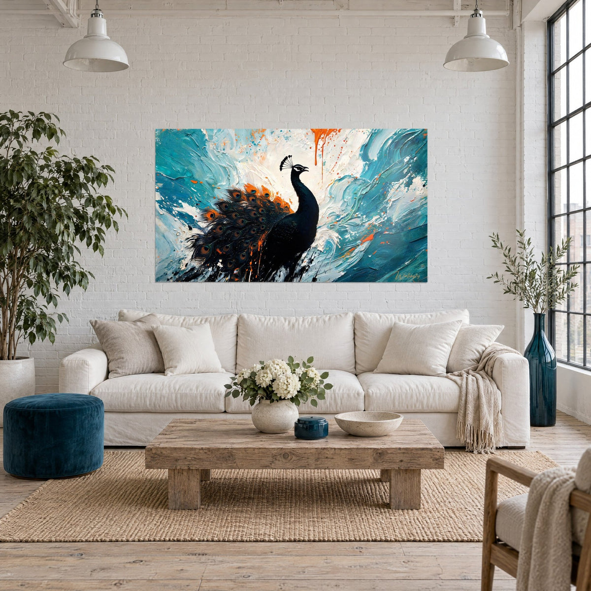 Wall art of a black peacock fanning its orange and brown tail over turquoise and cream waves, above a sofa in a bright living room