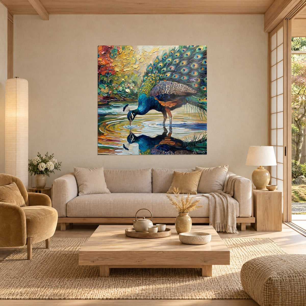 Quadro pavone blu e arancio chino sullo stagno, piume turchesi e oro, sopra un divano in un soggiorno luminoso