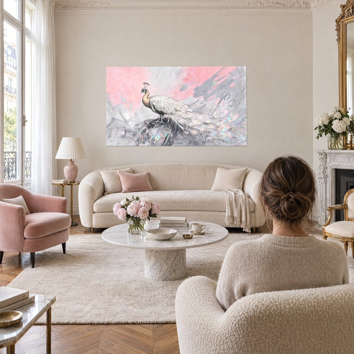 Cuadro pavo real blanco con plumas nacaradas sobre fondo rosa empolvado y gris, dos personas de espaldas, encima de un sofá en un salón luminoso