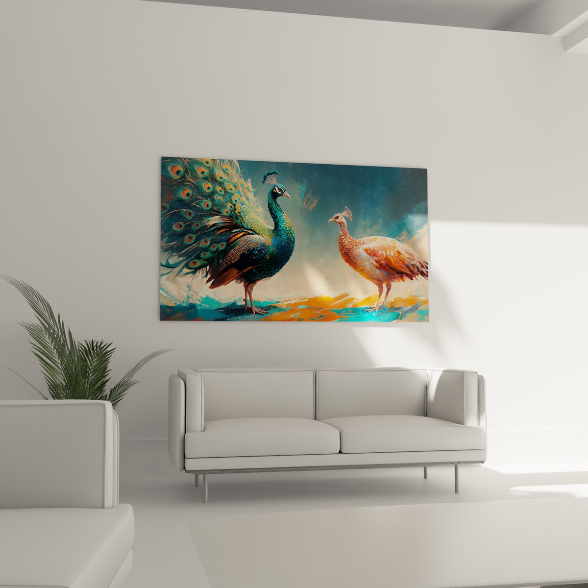 Paon mâle turquoise en parade et femelle fauve installés au-dessus d'un canapé dans un salon lumineux