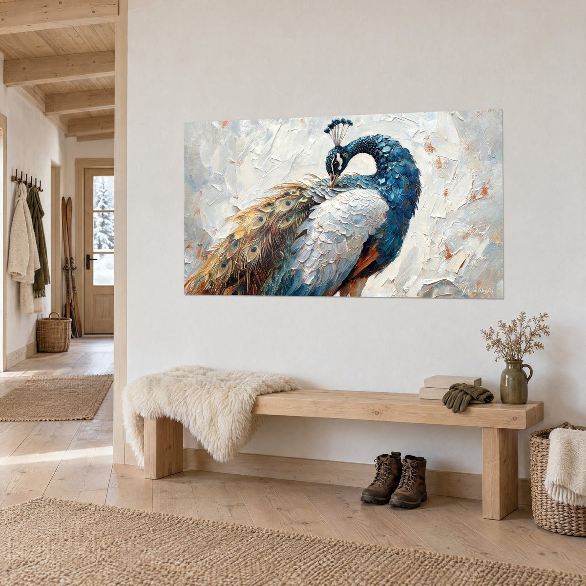 Quadro uccello dal collo arcuato, piumaggio blu reale e petto bianco madreperla a impasto spesso, panca di legno e pelle di pecora, chalet