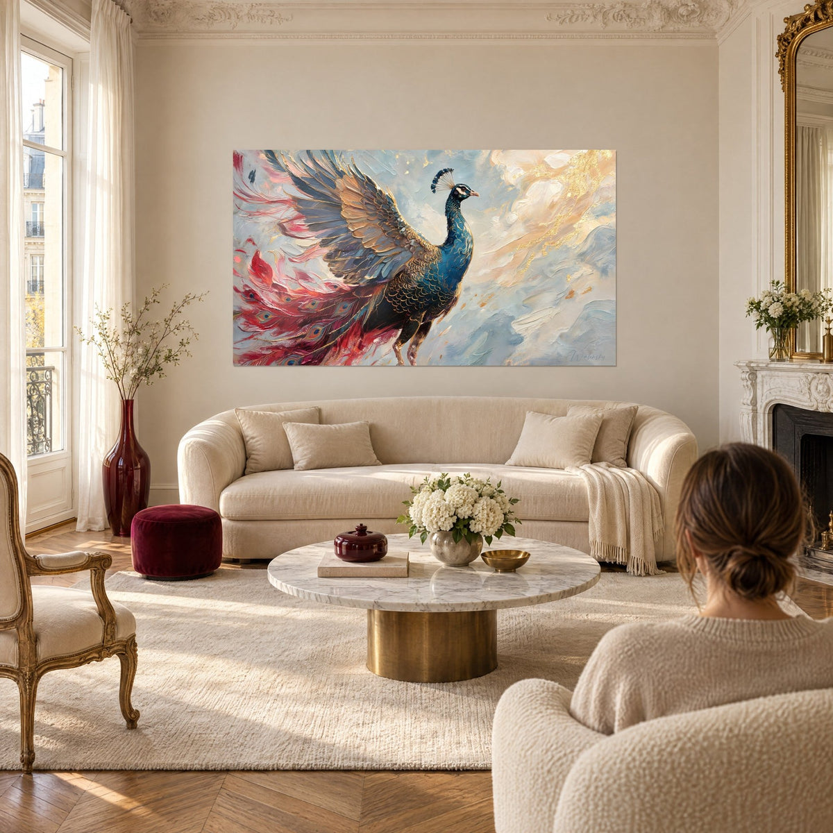 Tableau paon bleu paon aux ailes déployées, plumes rouge carmin et or sur fond nuageux, au-dessus d'un canapé dans un salon lumineux