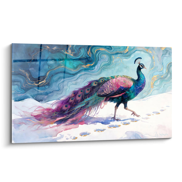 Tableau Paon rose et turquoise laissant des empreintes dorées - Traces dans la neige - Edition Paon