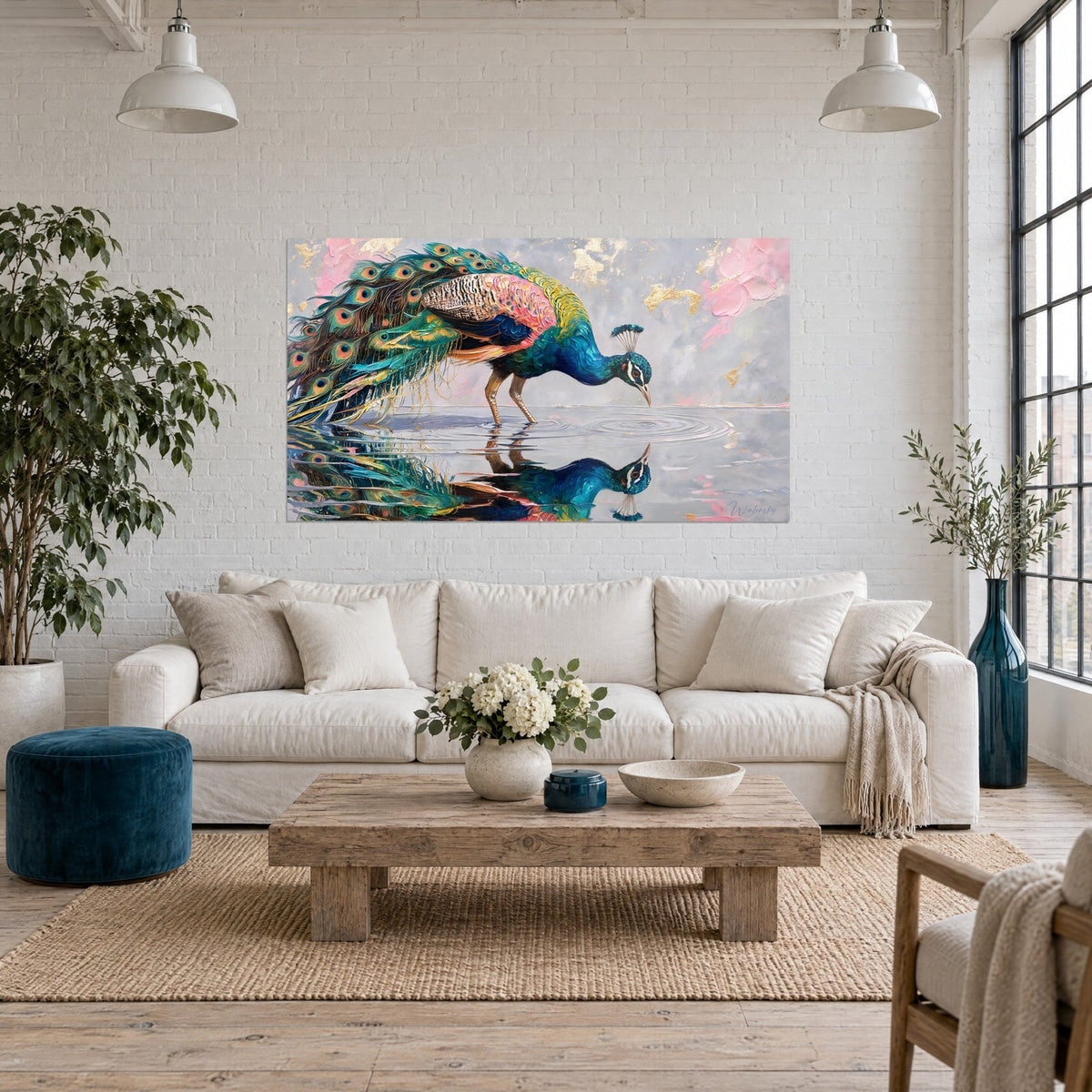 Tableau paon penché vers l'eau, plumage turquoise et rose, cercles sur l'onde grise, au-dessus d'un canapé dans un salon lumineux