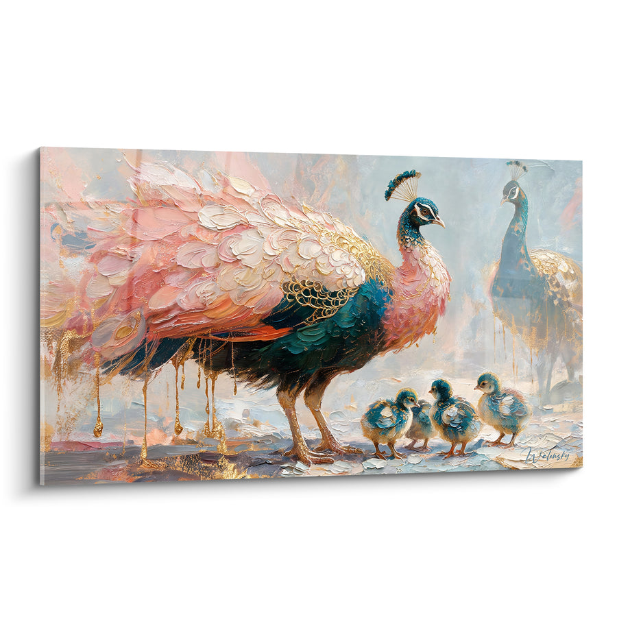 Tableau Paonne rose et dorée avec poussins - Famille protectrice - Edition Paon