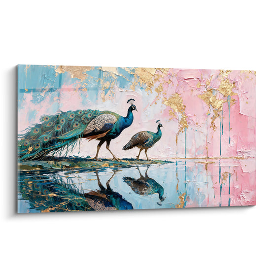 Tableau Paon et paonne au bord de l'eau - Promenade à deux - Edition Paon