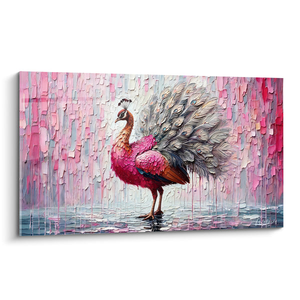Tableau Paon rose et gris à plumage déployé - Élégance sous la pluie - Edition Paon