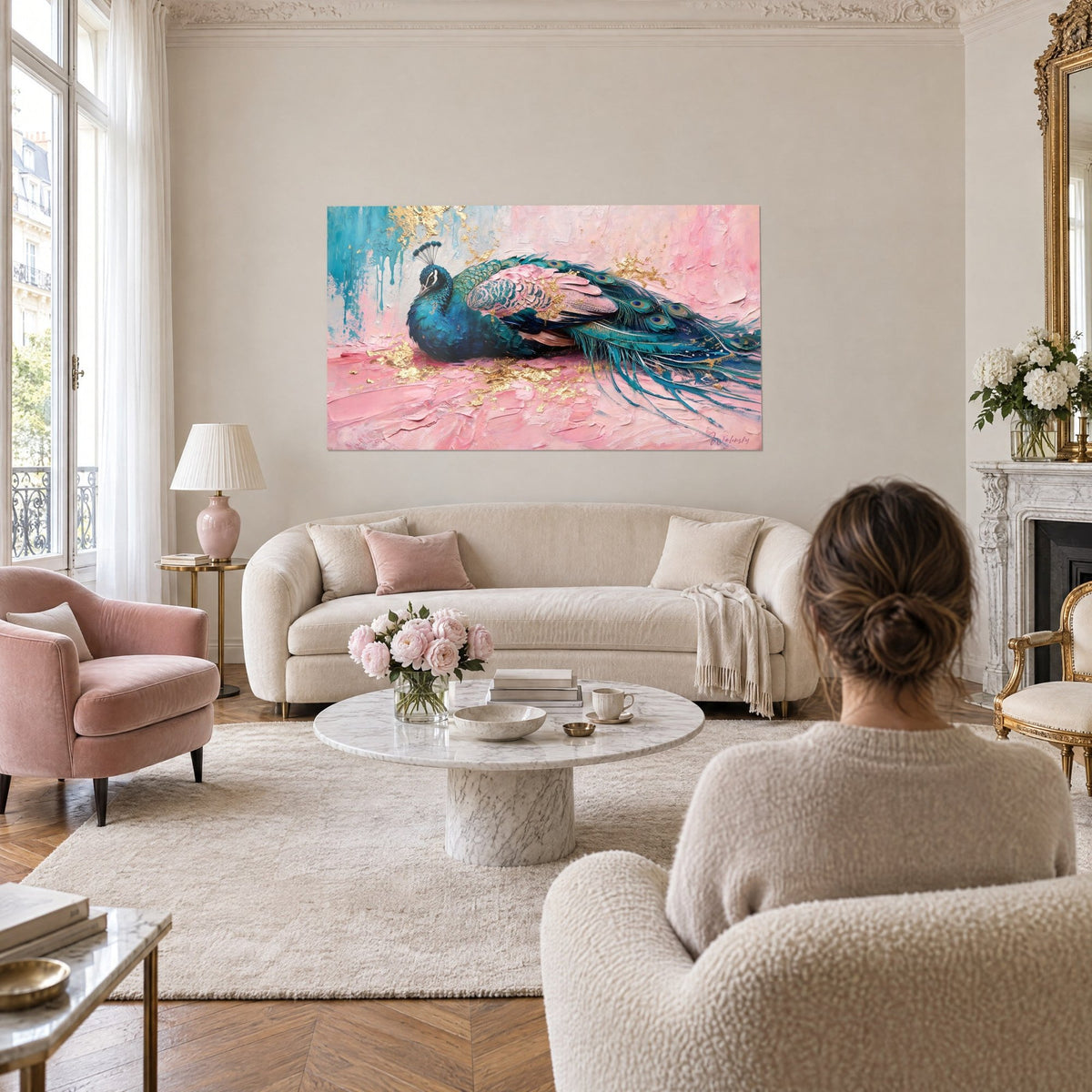 Cuadro pavo real azul tumbado sobre fondo rosa pastel, destellos dorados y goteos turquesa, encima de un sofá en un salón luminoso