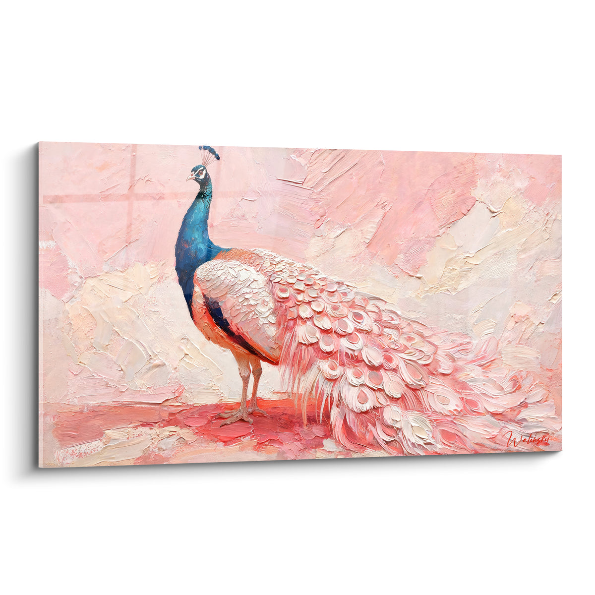 Paon aux plumes rose poudré et cou bleu marine, peinture texturée à l'empâtement sur fond clair