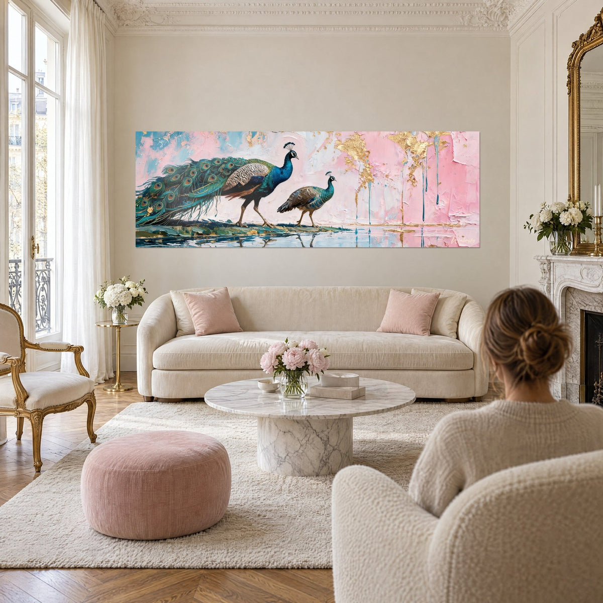 Tableau paon bleu paré de sa longue traîne verte, aux côtés d'une paonne, fond rose et or, au-dessus d'un canapé dans un salon lumineux