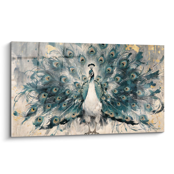 Tableau Paon blanc et turquoise au ventre immaculé - Face au spectateur - Edition Paon