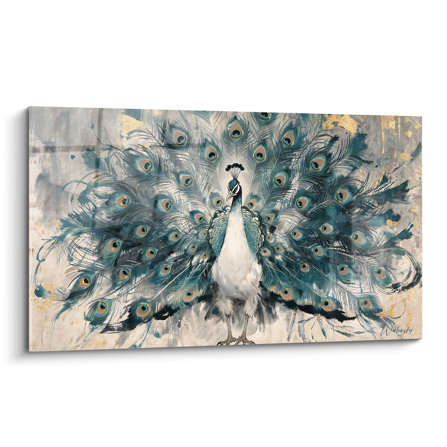 Tableau Paon blanc et turquoise au ventre immaculé - Face au spectateur - Edition Paon