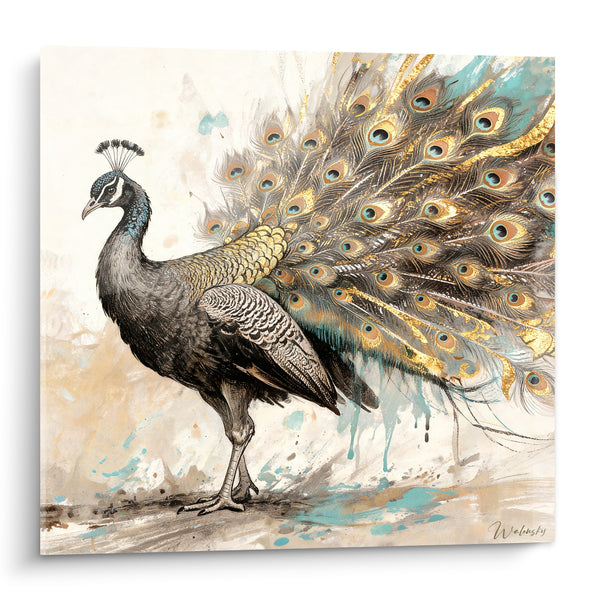 Tableau Paon gris et doré aux ocelles turquoise éclaboussées - Encre et aquarelle - Edition Paon