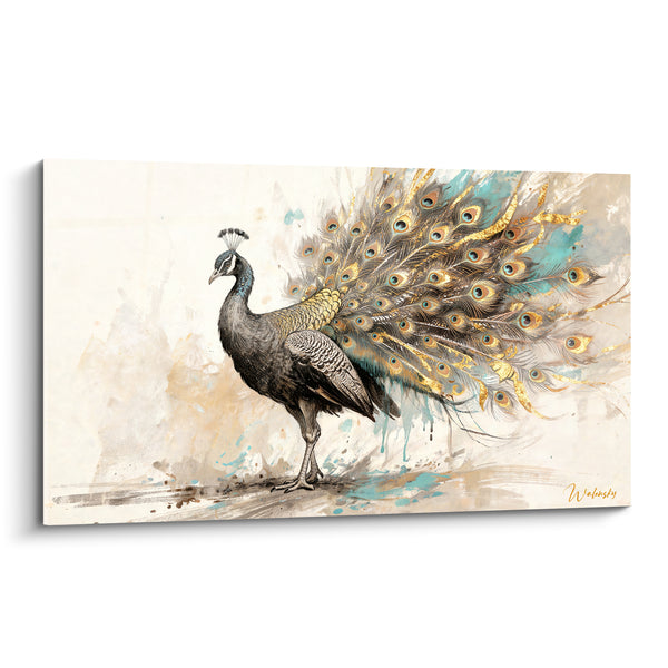 Tableau Paon gris et turquoise aux ocelles dorées éclatées - Éclaboussures d'encre beige - Edition Paon