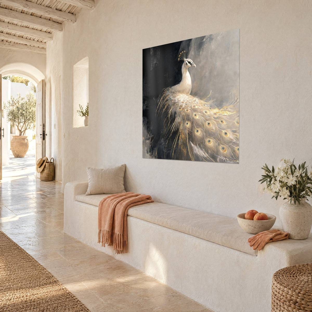 Wall art ivory bird with a golden crest, amber eyespots on its train, black and grey background, cream wall and stone bench, three-quarter view