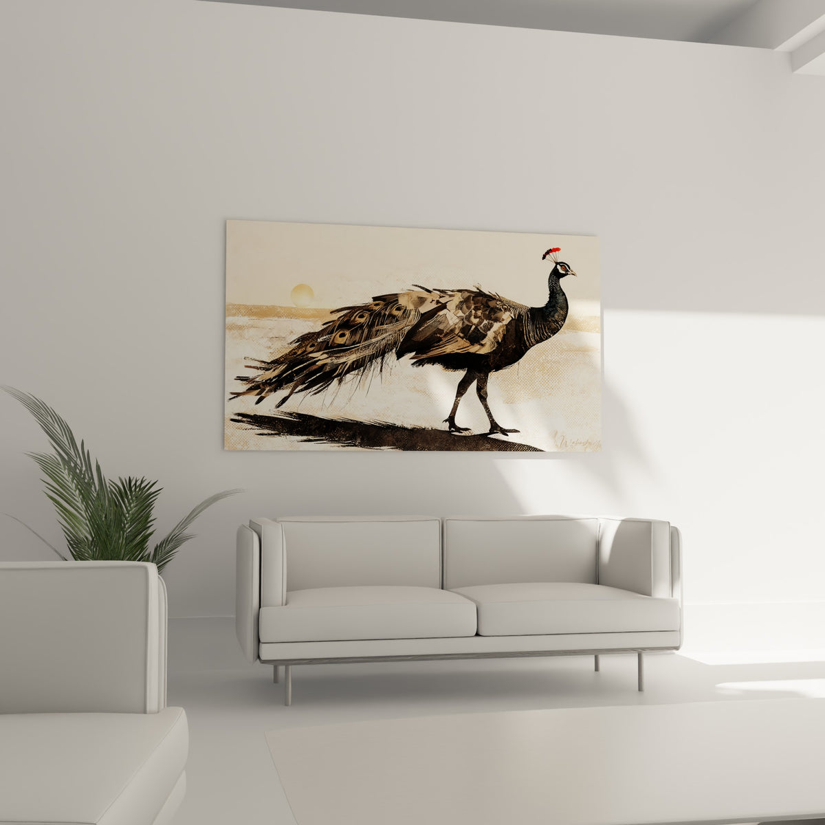 Oiseau majestueux au plumage noir et sable, longue traîne graphique, au-dessus d'un canapé dans un salon lumineux