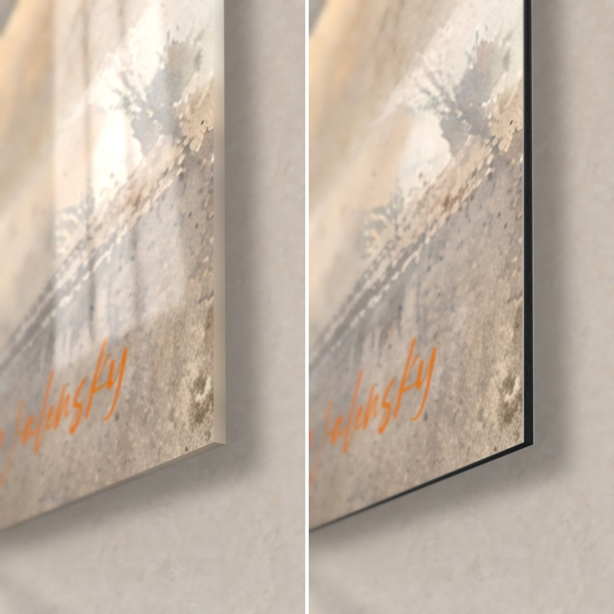 Tableau paon noir et doré, coin bas droit : verre acrylique brillant à gauche, alu Dibond mat à droite, tranche de 3 mm