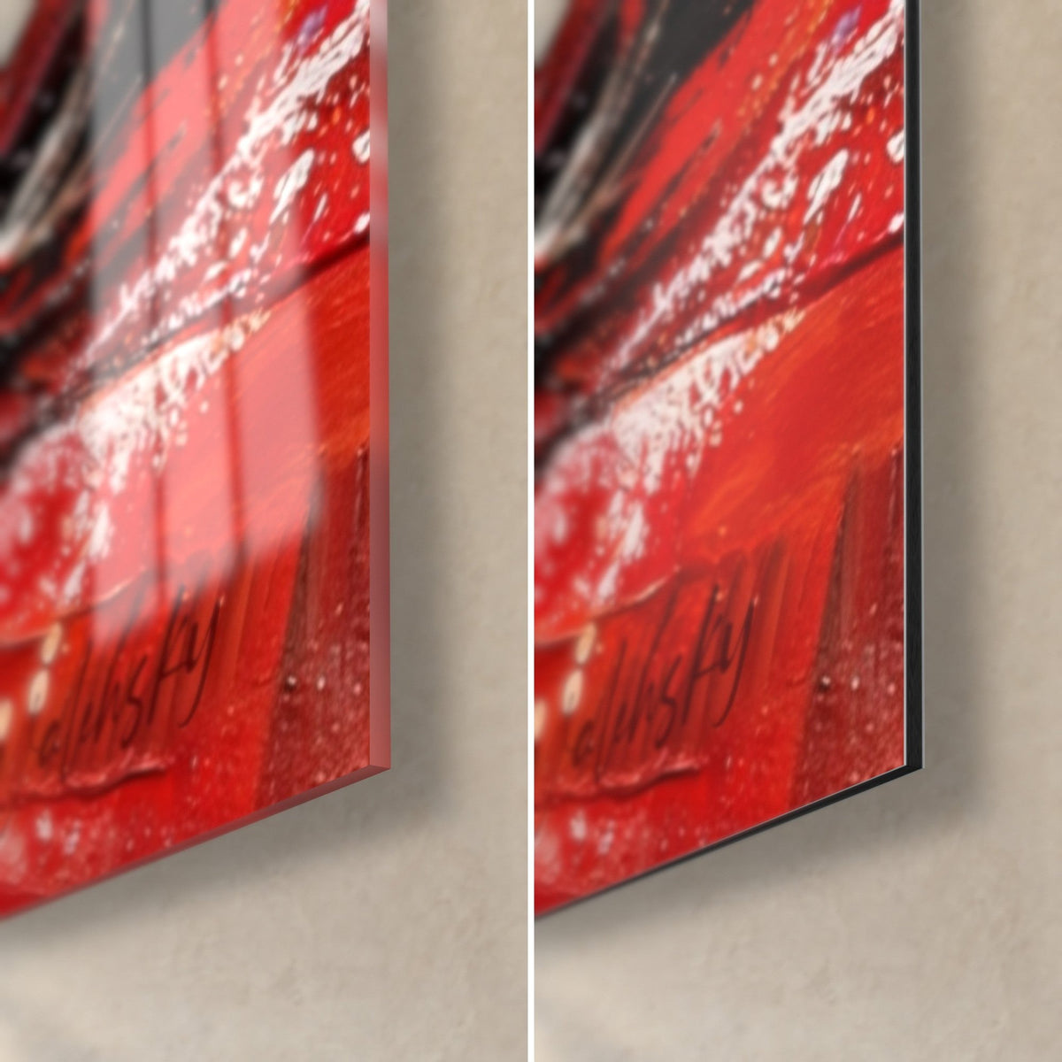 Quadro di un pavone rosso dipinto con empasti scarlatti e bianchi, angolo in basso a destra: vetro acrilico lucido a sinistra, alluminio Dibond opaco a destra