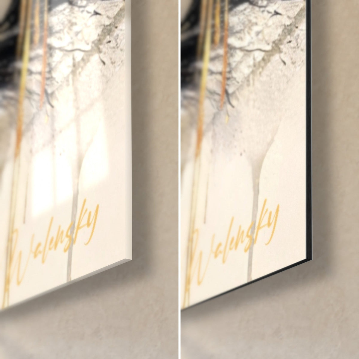 Wall art royal bird, black feathers and running gold, bottom right corner: glossy acrylic glass on the left, matte Dibond on the right
