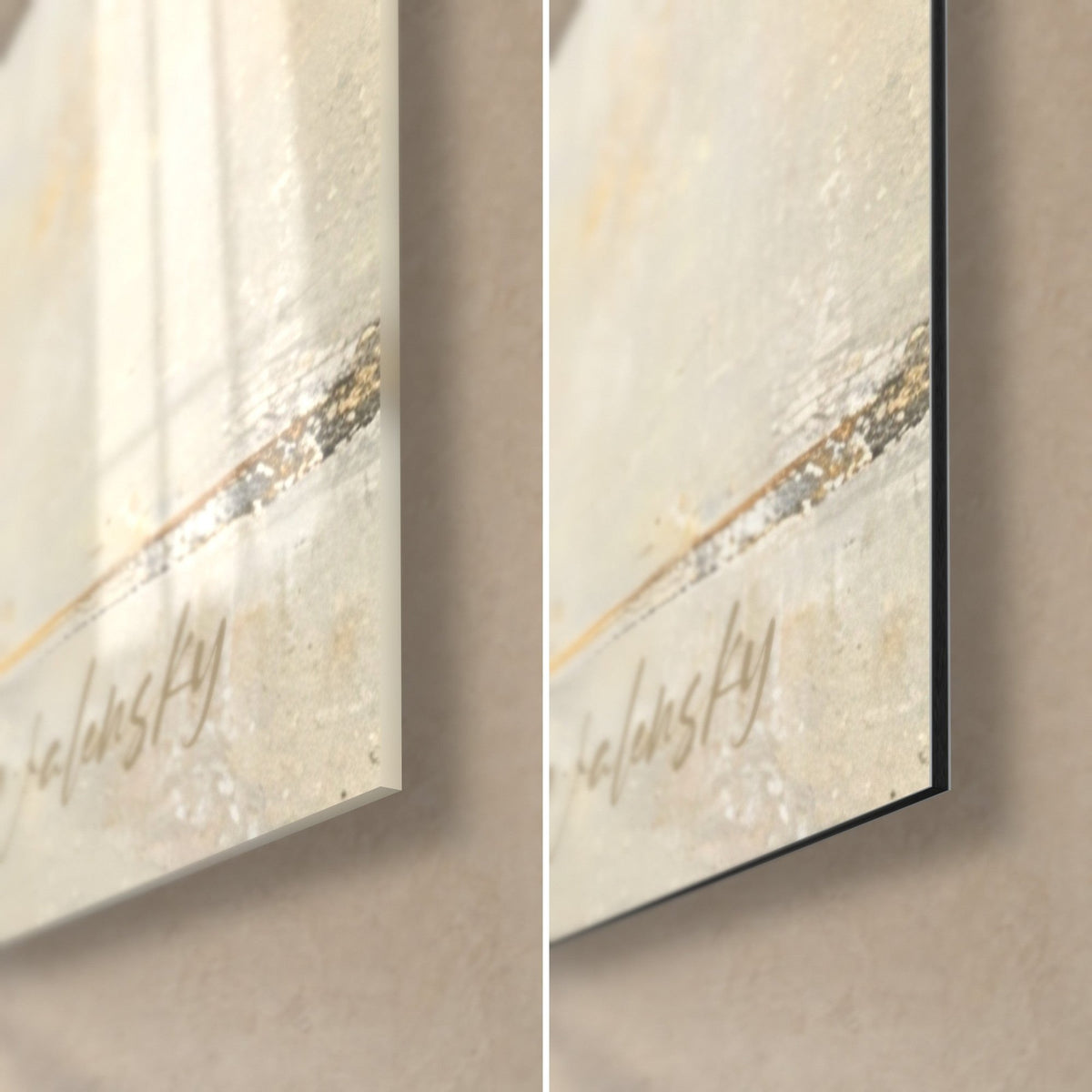 Wall art golden peacock, lower right corner: glossy acrylic glass on the left, matte Dibond aluminium on the right, black 3 mm edge, ochre Walensky signature