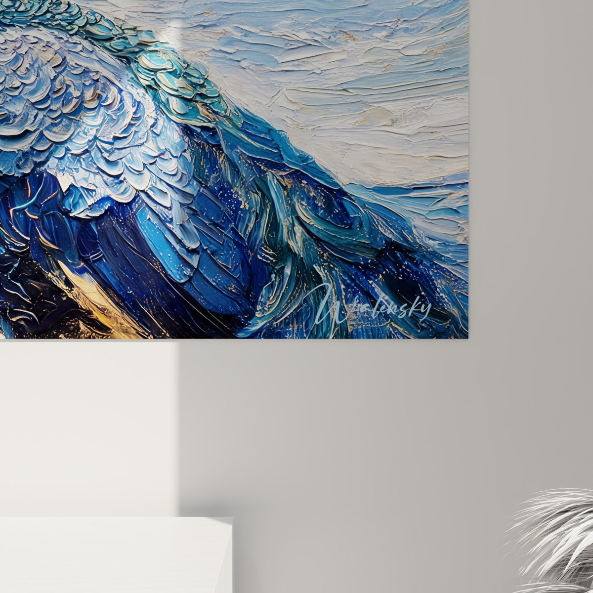 Empâtements épais bleu marine, blanc et doré du ciel tourbillonnant visibles en gros grain sur la toile