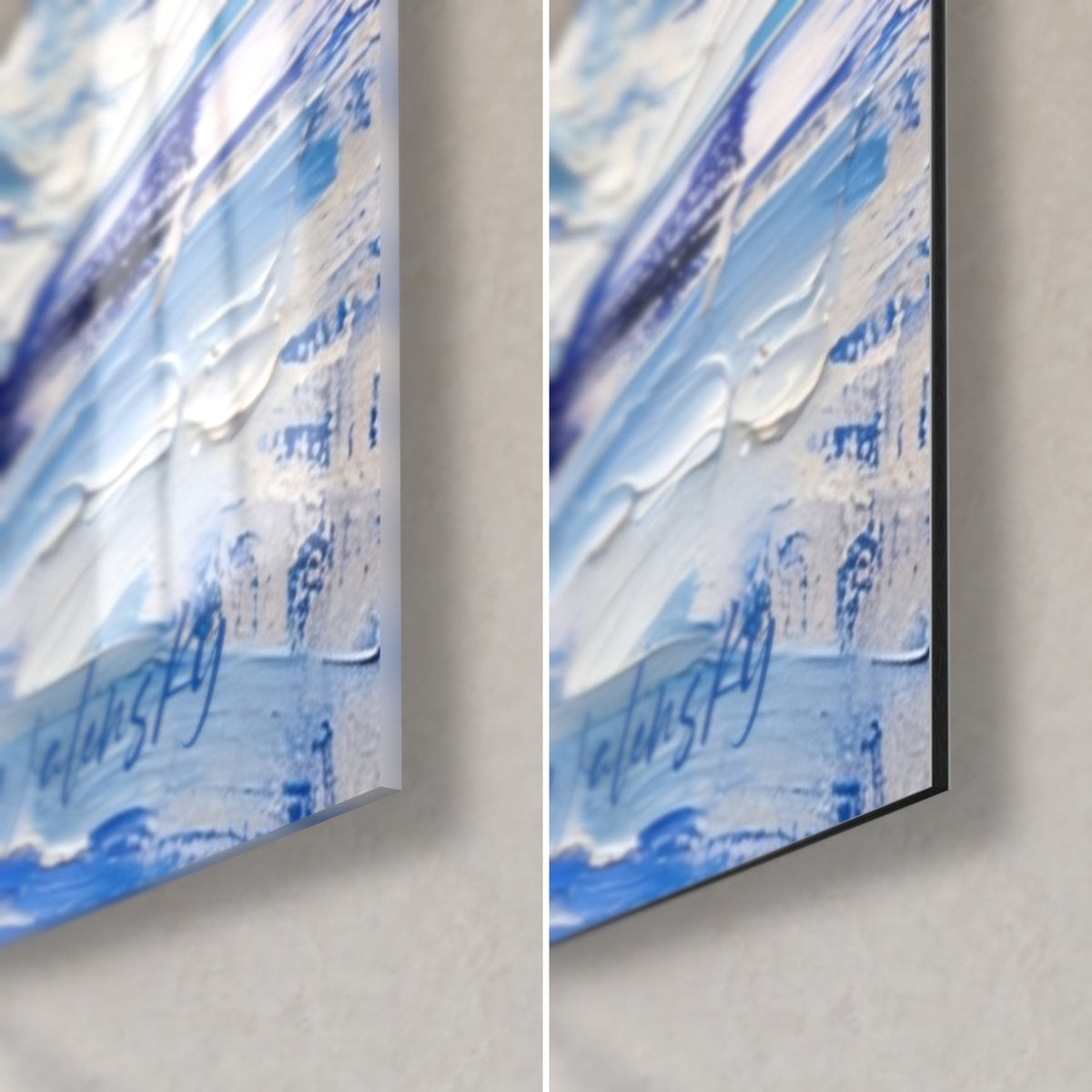 Wall art peacocks in palette-knife painting, bottom right corner: glossy glass with reflections, matte Dibond aluminium, 3 mm edge, thick blue and white impasto