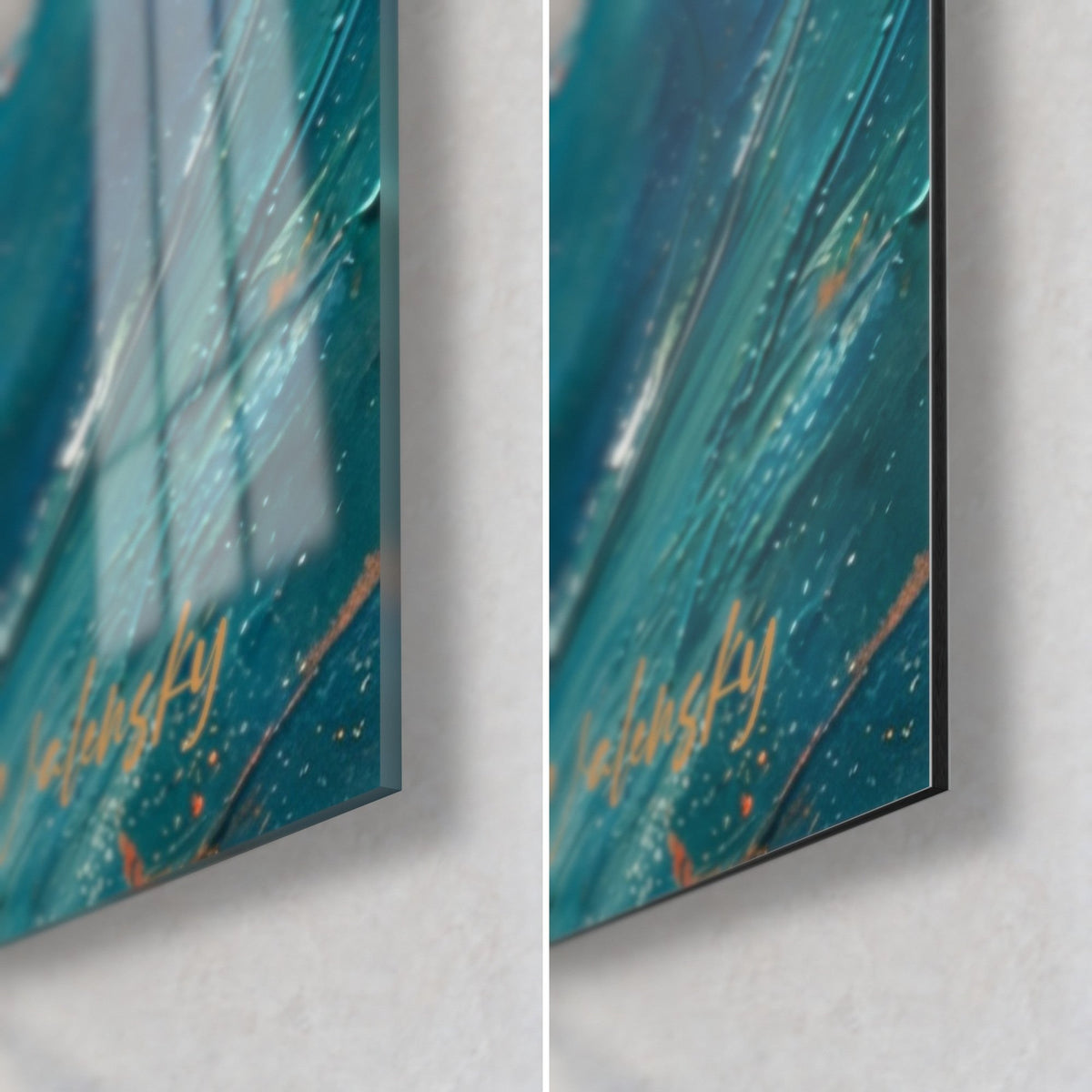 Wall art of a dark peacock, bottom right corner: glossy acrylic glass reflecting the window, matte turquoise and orange Dibond, 3 mm edge