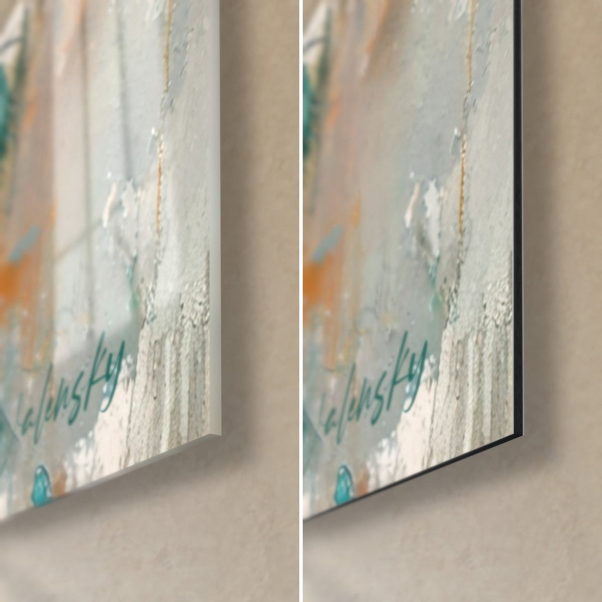 Tableau plumage de paon turquoise et orange, coin bas droit : verre acrylique brillant à gauche, Dibond mat à droite, tranche 3 mm