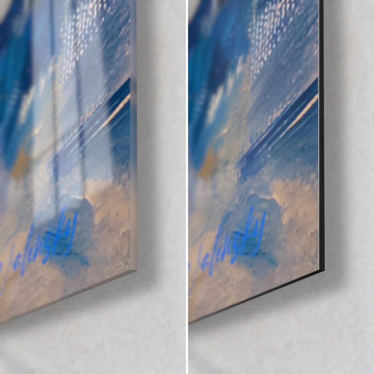 Schilderij van een in olie geschilderde pauw, rechter onderhoek: glanzend acrylglas links, mat Dibond-aluminium rechts, blauwe handtekening, rand van 3 mm