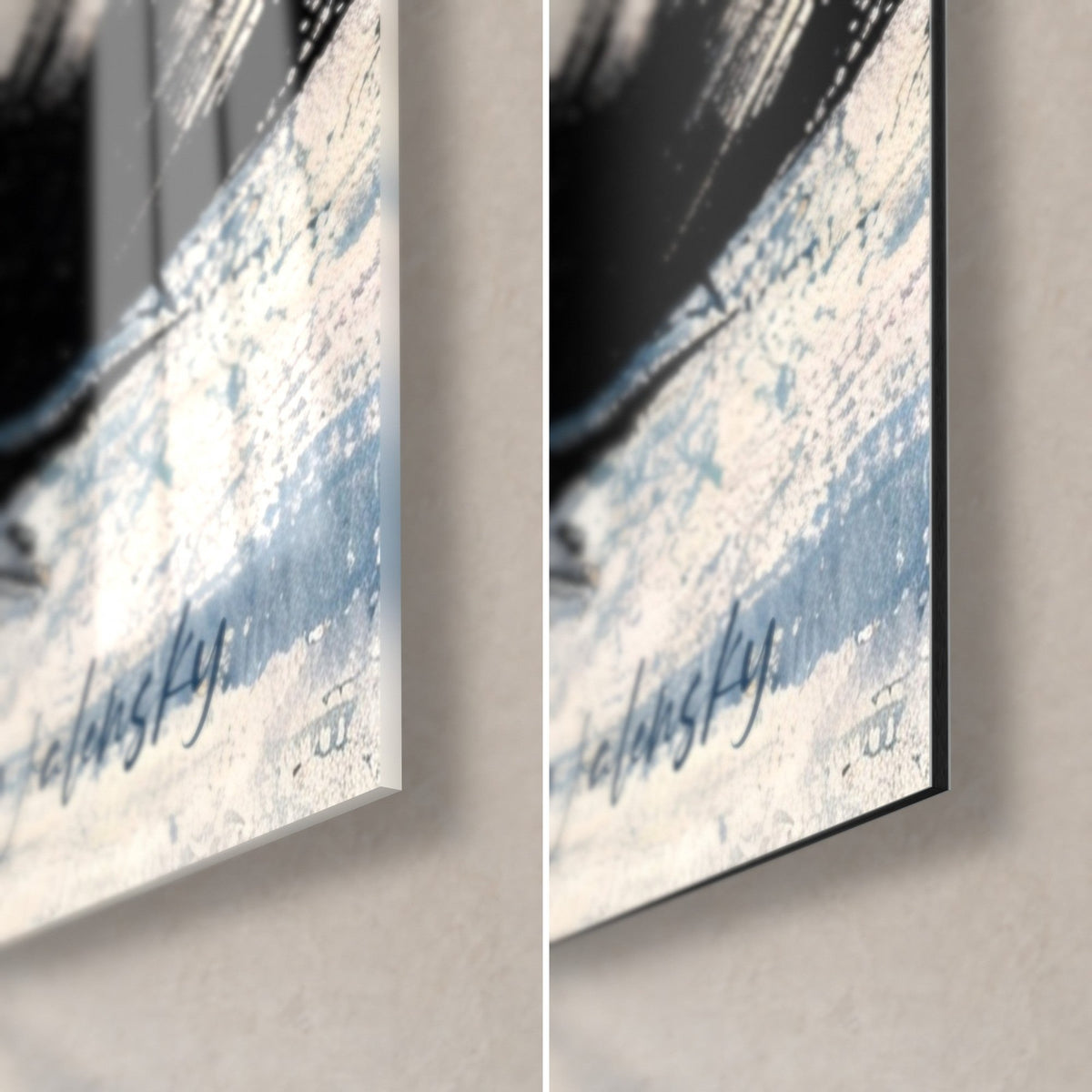 Quadro uccello nero su sfondo avorio e blu ardesia, angolo in basso a destra: vetro lucido a sinistra, Dibond opaco a destra, bordo da 3 mm