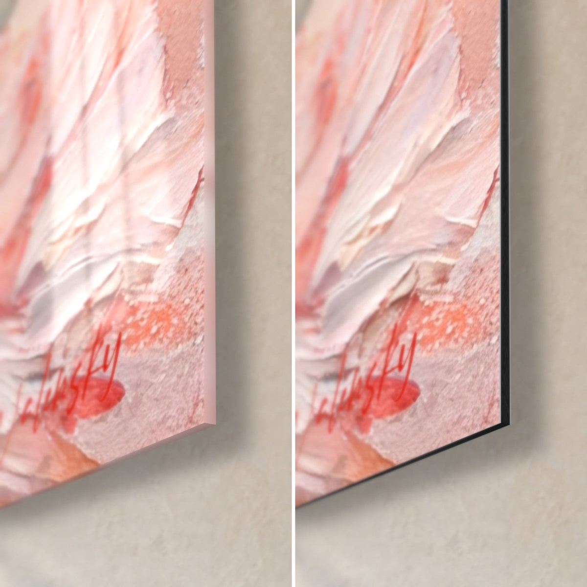 Tableau plumage rose texturé, coin bas droit : verre acrylique brillant et alu Dibond mat noir, tranche de 3 mm visible