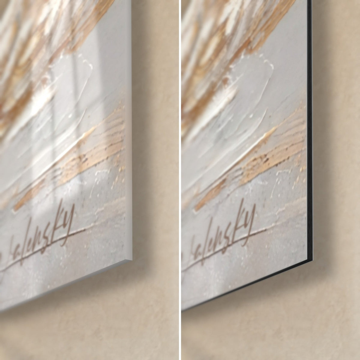 Tableau volatile argenté, signature Walensky, coin bas droit : verre acrylique brillant et reflets, alu Dibond noir mat, tranche 3 mm
