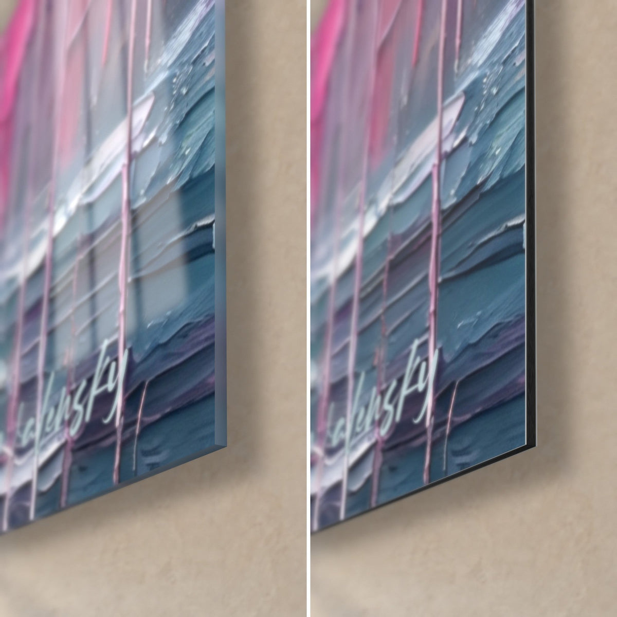 Wall art pink and grey bird in thick impasto, bottom right corner: glossy acrylic glass on the left, matt Dibond on the right, 3 mm edge