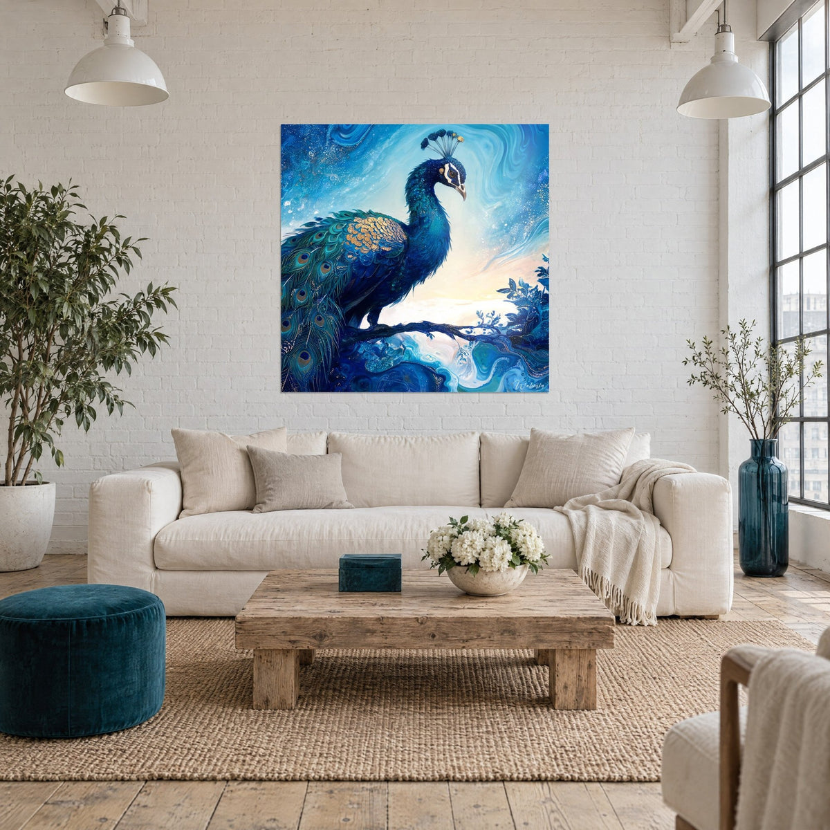 Tableau paon perché sur une branche, plumage bleu nuit et or, ciel turquoise tourbillonnant, au-dessus d'un canapé dans un salon lumineux