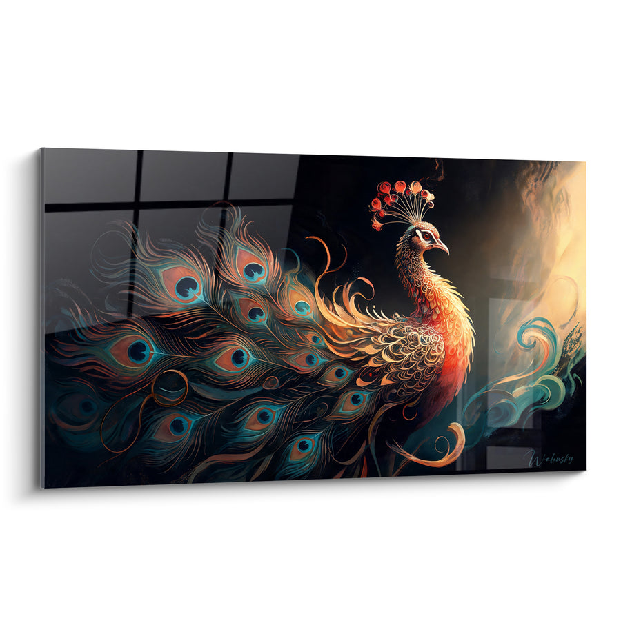 Tableau Paon flamboyant aux plumes turquoise et orangées - Splendeur mystique - Edition Paon