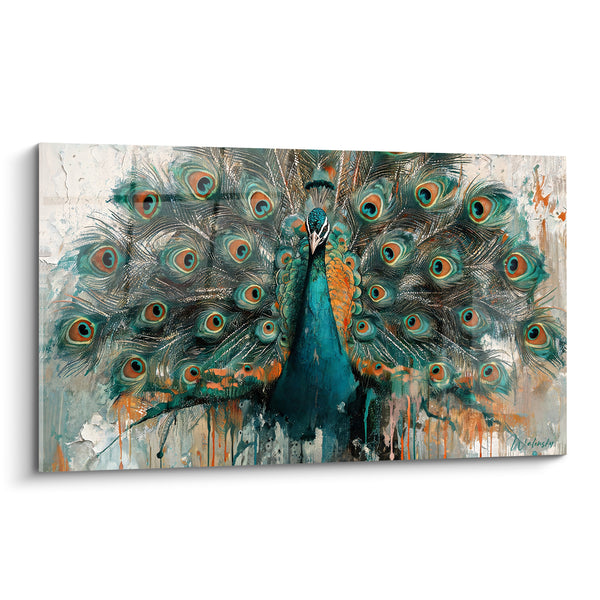 Tableau Paon turquoise et orangé face caméra - Mur craquelé délavé - Edition Paon