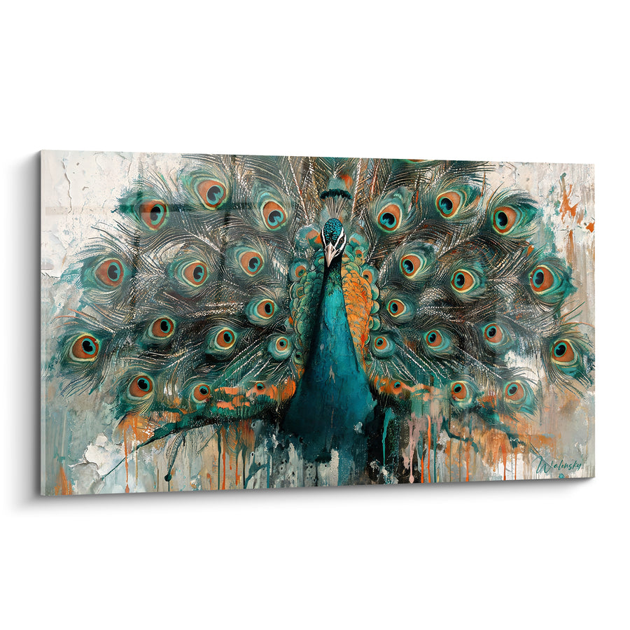 Tableau Paon turquoise et orangé face caméra - Mur craquelé délavé - Edition Paon