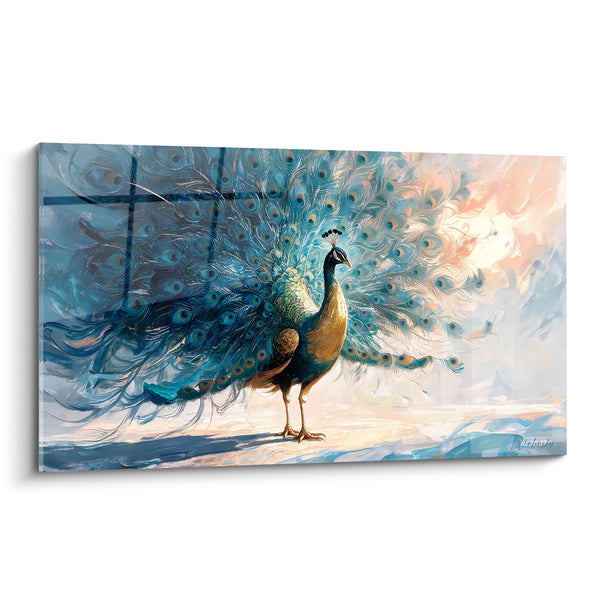 Schilderij Pauw turquoise en beige met een wazig dons - Mistsluier - Editie Pauw