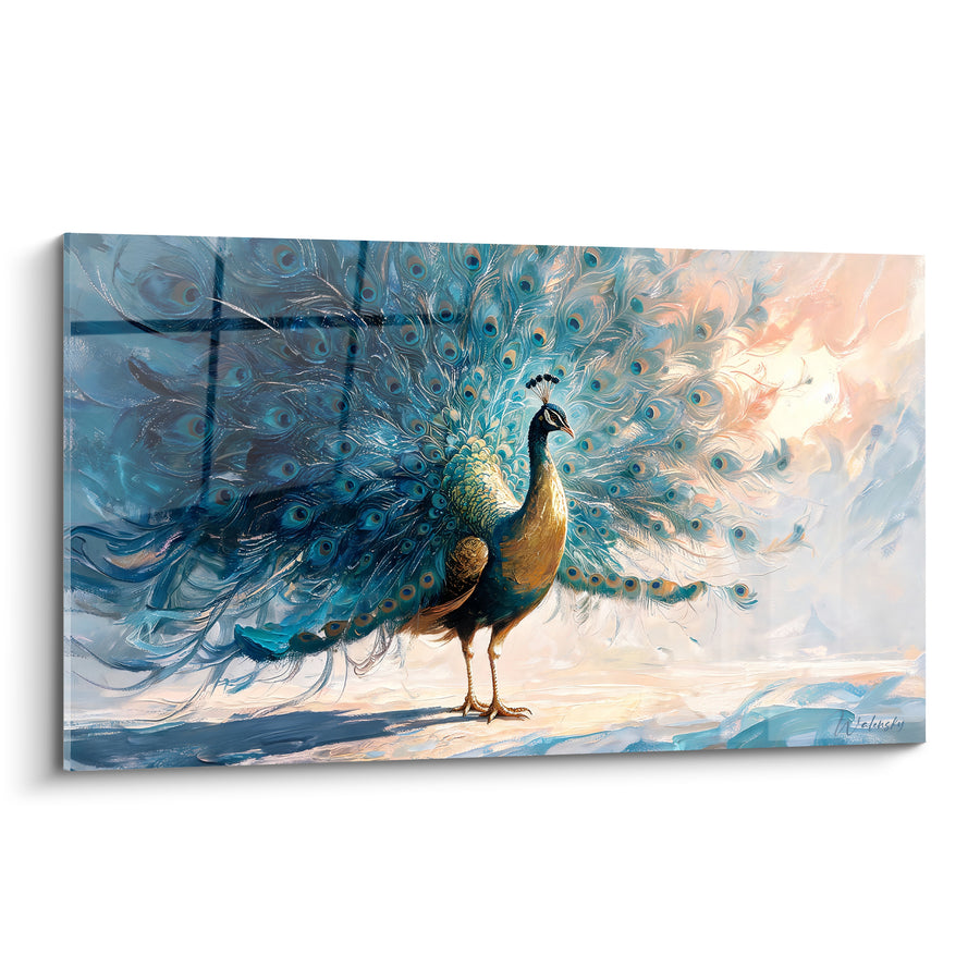 Tableau Paon turquoise et beige au plumage vaporeux - Voile de brume - Edition Paon